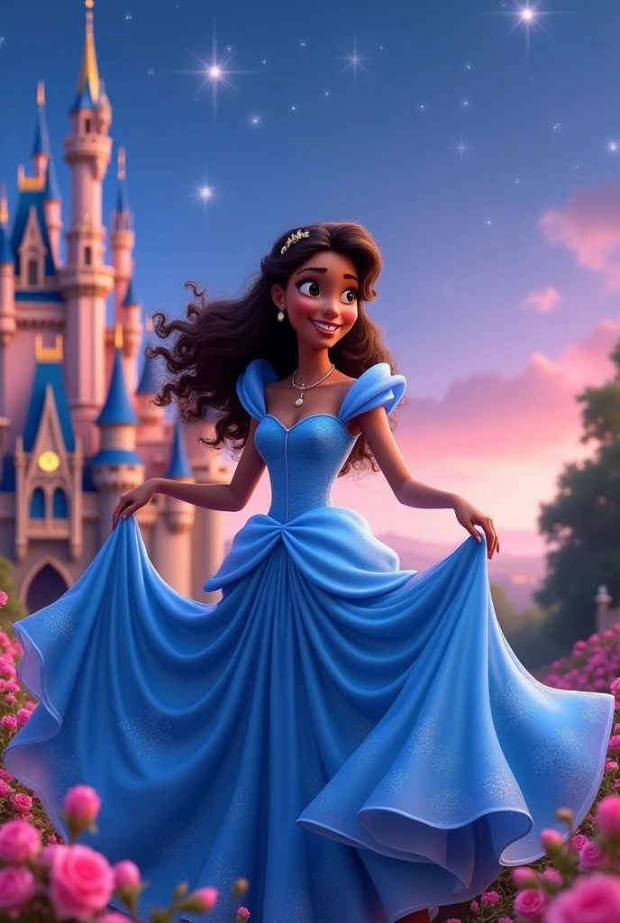 Cinderella princess in a blue dress, but let her be brunette with tanned brown skin and curly hair in the Disney Pixar style., Surprise me