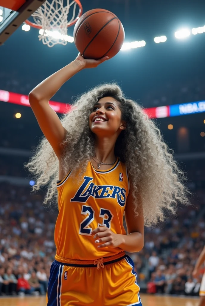 A beautiful youthful looking
American version of Ariana Grande as a 50 years old woman with very long hair completely gray hair in a long big curls styles as a retired
NBA player wearing her old NBA jersey shooting the ball in the basket in a nba stadium she is smiling for the camera