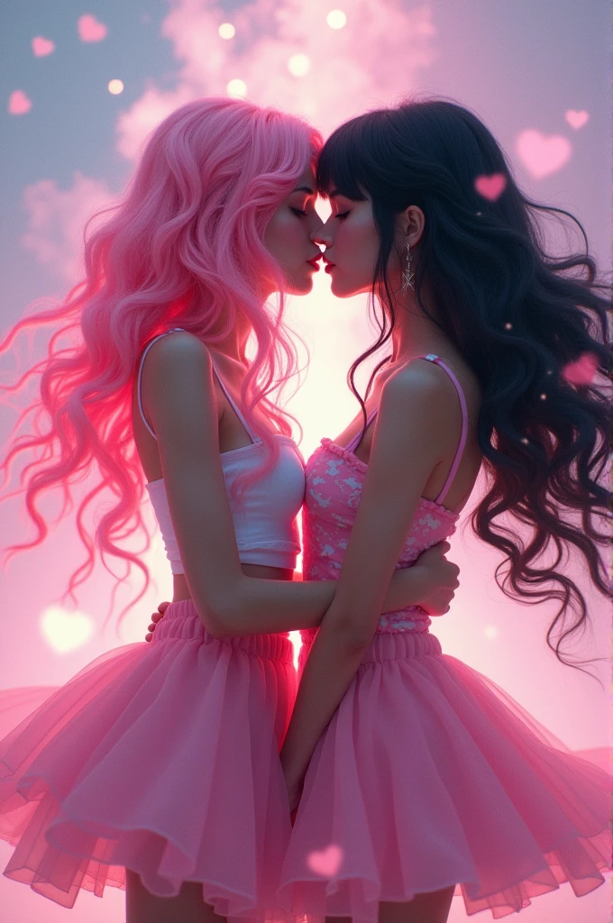 2 girls, , with pink and black hair and pink skirts, shirtless, braless hypnotized and kissing passionately