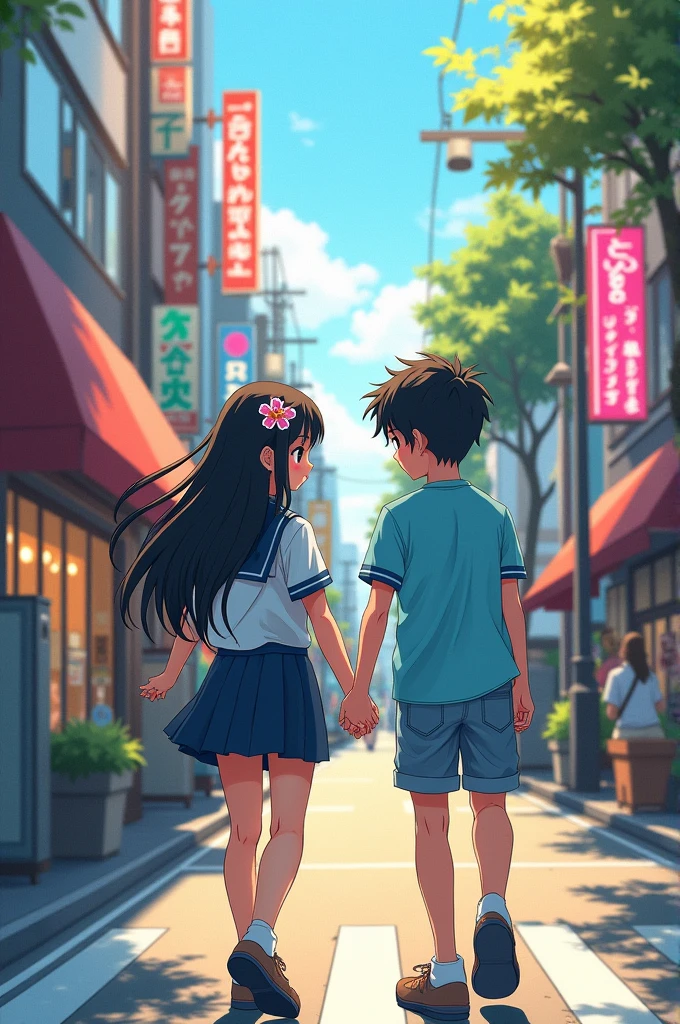 A boy walking on street and he saw the pretty girl, Japan city background, normal sunlight, shadow overall, anime 4k version then this look backside and give smile for boy. They both waking on stress. Girl see the shopping mall and get shopping