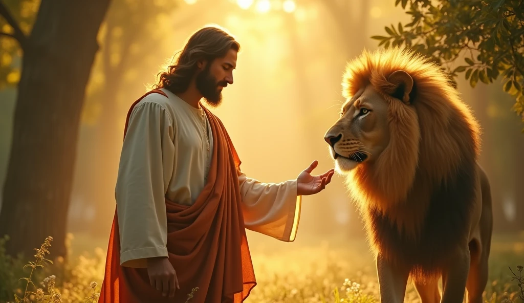 A powerful image of Jesus Christ standing beside a majestic lion, both radiating a golden light of strength and protection. Jesus is extending his hand to help a person in need, with a serene expression, conveying compassion and divine support. The background is a tranquil natural setting, with soft sunlight filtering through trees, creating a peaceful and uplifting atmosphere.