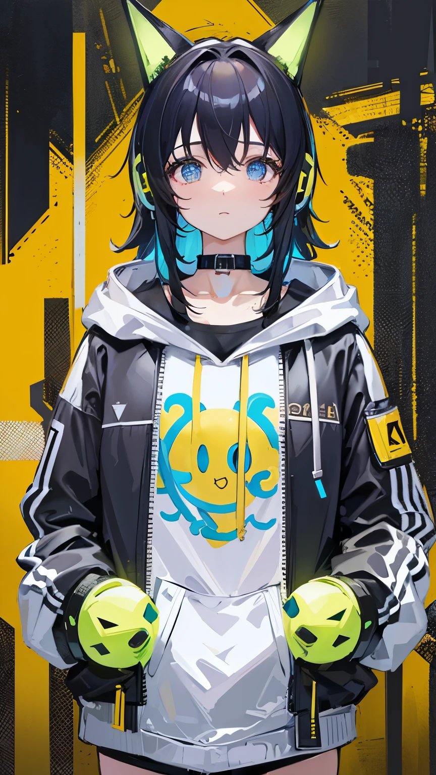 8k resolution、((Highest quality))、((masterpiece))、((Very detailed))、1 female、alone、Unbelievably absurd、Oversized hoodie、Headphones、street、Yellow background、rain、Fluorescent neon、Shortcuts、Light-colored eyes、Place one'In one hand'pocket、Shorts、Water droplets fall、Abnormal eye color, Vivid eyes