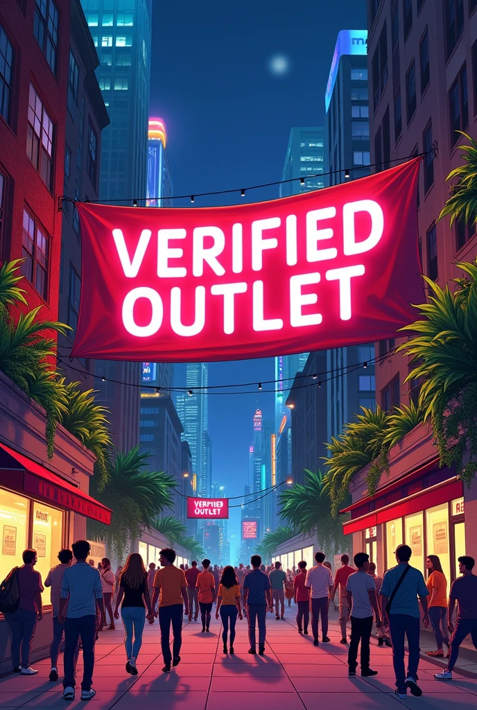 A HUGE BANNER SAYING "VERIFIED OUTLET " WITH PEOPLE WALKING AROUND AND CITY BUILDINGS WITH LIGHTS AND WEED PLANTS EVERYWHERE