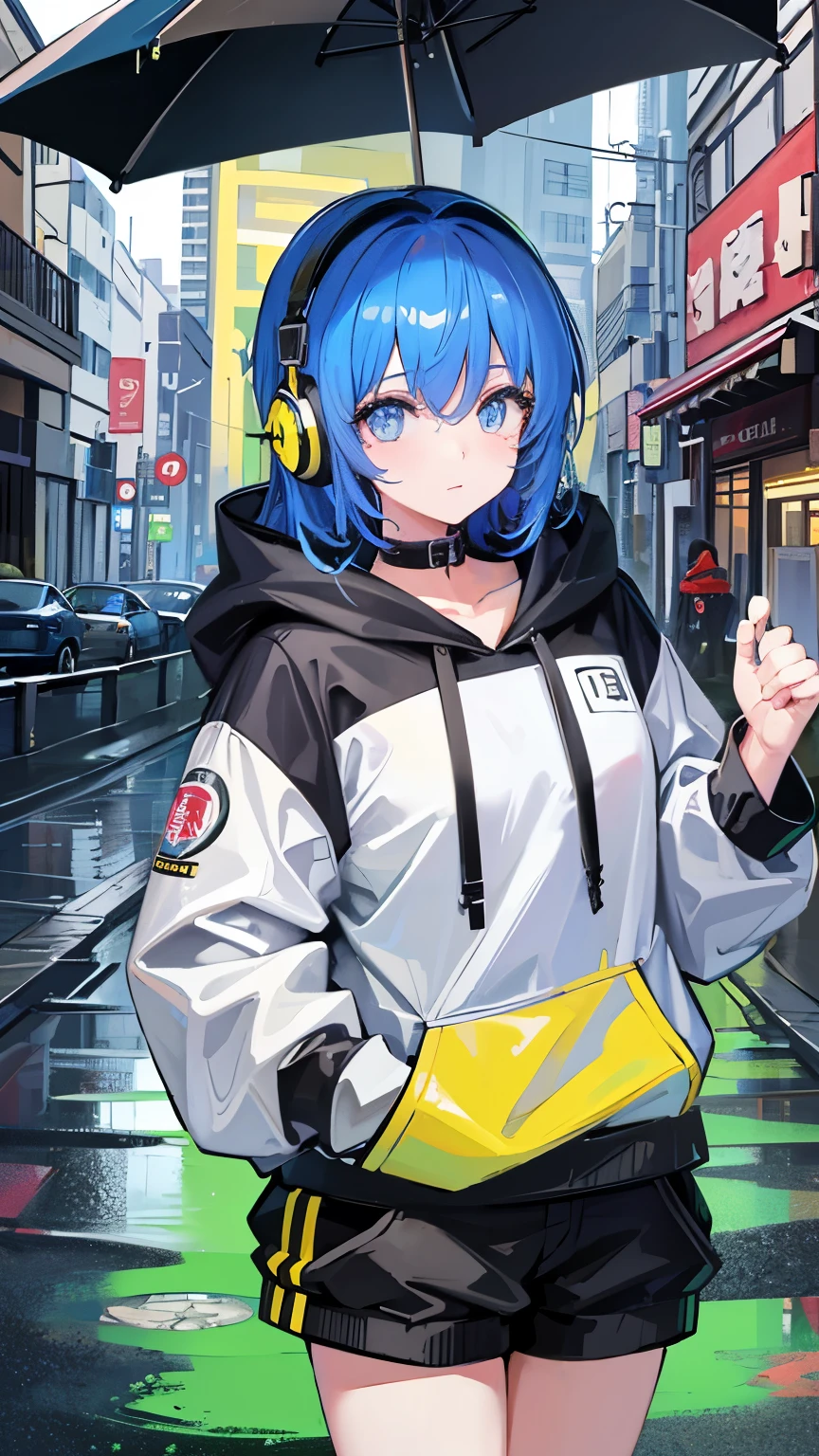 8k resolution、((Highest quality))、((masterpiece))、((Very detailed))、1 female、alone、Unbelievably absurd、Oversized hoodie、Headphones、street、Yellow background、rain、Fluorescent neon、Shortcuts、Light-colored eyes、Place one'In one hand'pocket、Shorts、Water droplets fall、Abnormal eye color, Vivid eyes