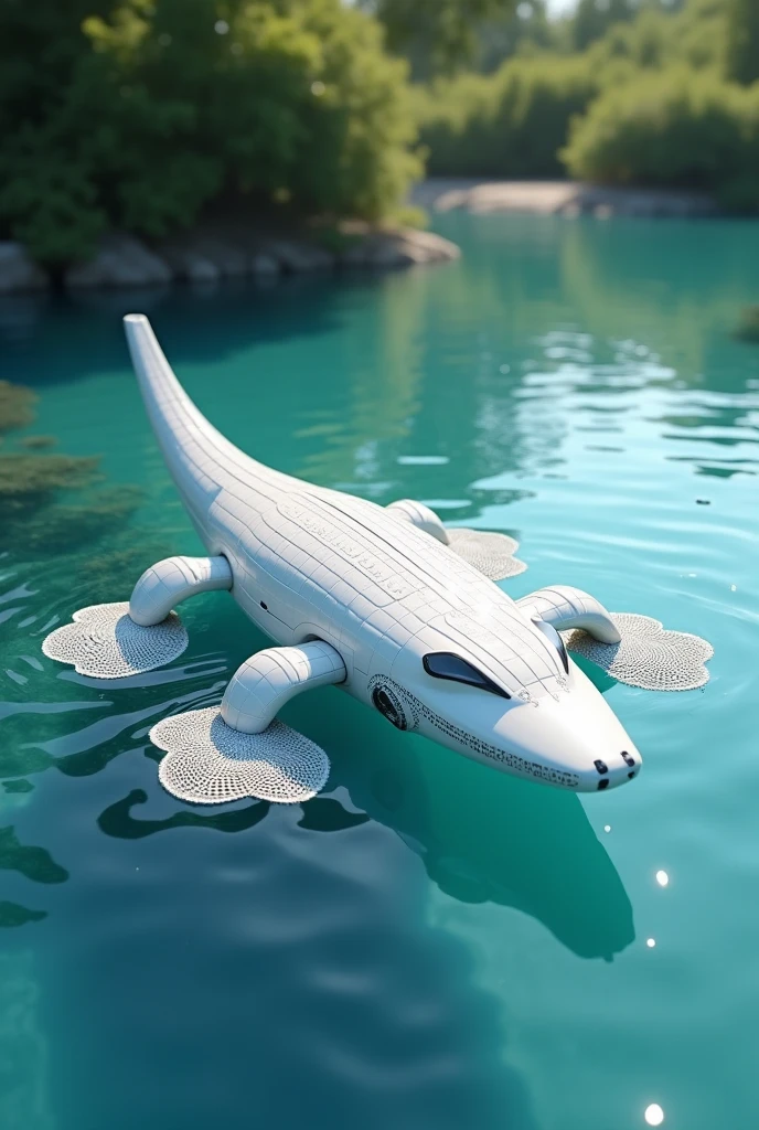 An white colored tailed e-crocodile robot that eats the water surface garbage and collects the garbage in its belly to tail that is netted, also its four legs are four propellers
