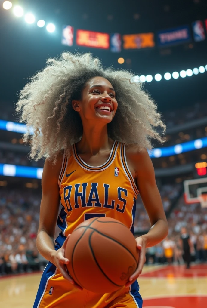 A beautiful youthful looking
American version of Ariana Grande as a 50 years old woman with very long hair completely gray hair in a long big curls styles as a retired
NBA player wearing her old NBA jersey shooting the ball in the basket in a nba stadium she is smiling for the camera