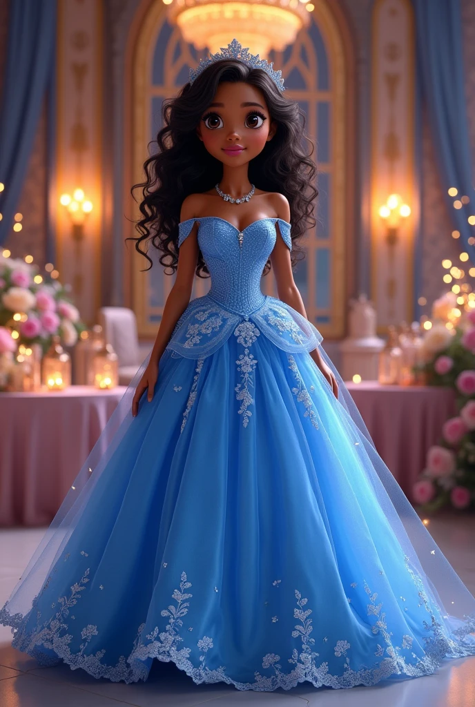 Cinderella princess in a blue dress, but with a tanned brown skin, curly hair in the Disney Pixar style, Surprise me