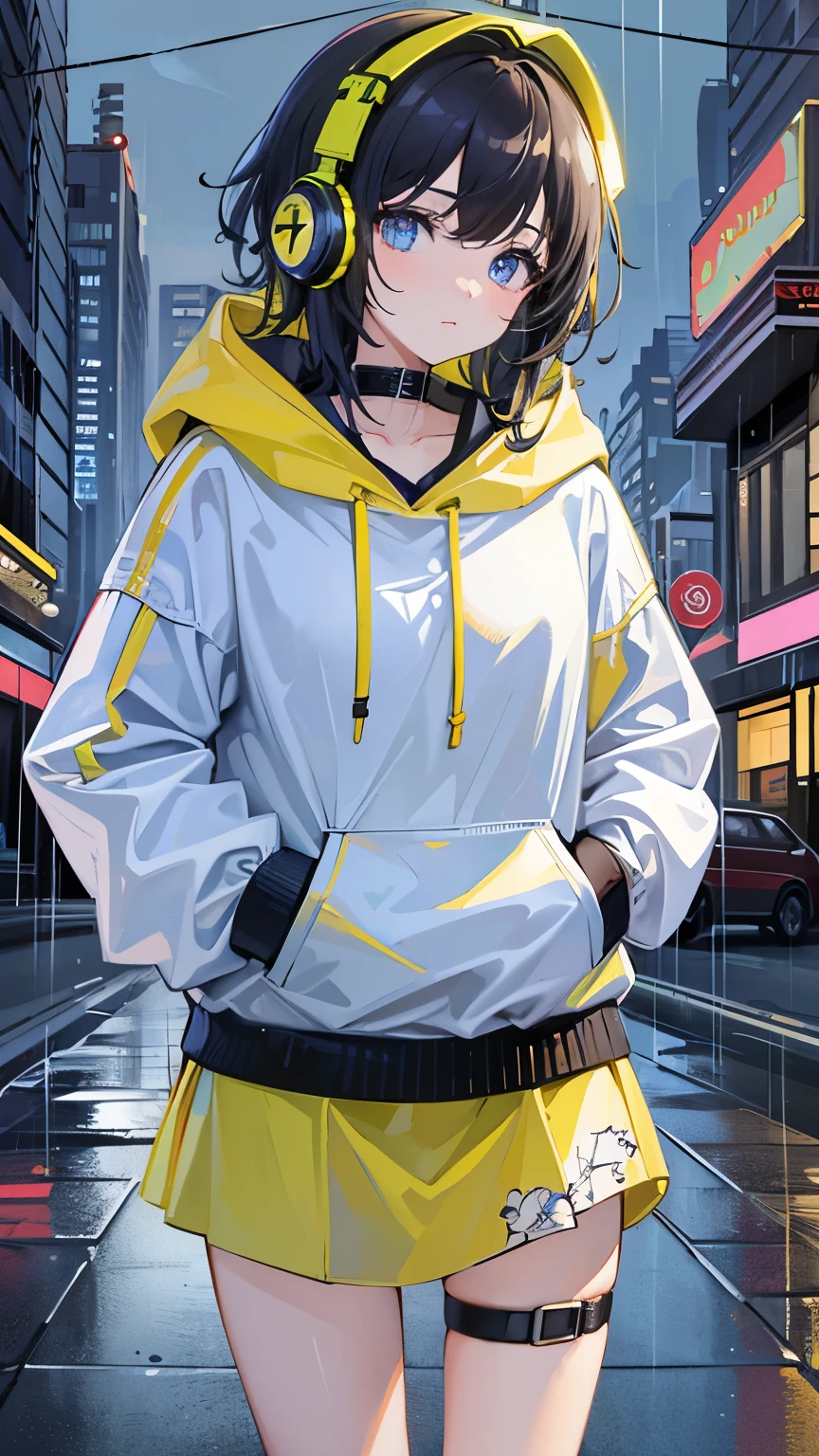 8k resolution、((Highest quality))、((masterpiece))、((Very detailed))、1 female、alone、Unbelievably absurd、Oversized hoodie、Headphones、street、Yellow background、rain、Fluorescent neon、Shortcuts、Light-colored eyes、Place one'In one hand'pocket、Shorts、Water droplets fall、Abnormal eye color, Vivid eyes