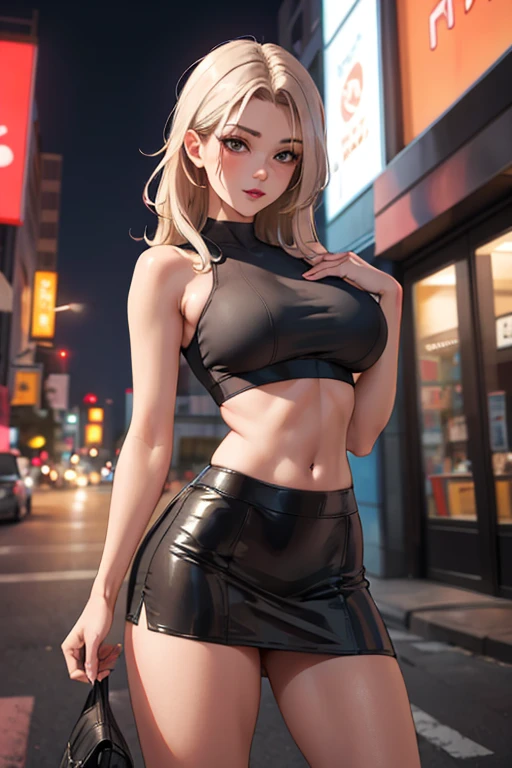 masterpiece, best quality, shadows, perfect hands, perfect legs, perfect anatomy, pretty face, mature features, 1 girl, 21 years old, MILF, mature woman, tight crop top, sexy leather skirt, city night background, white long hair, thighs, ass, breast, seductive, spicy, posing, cinematography lights,