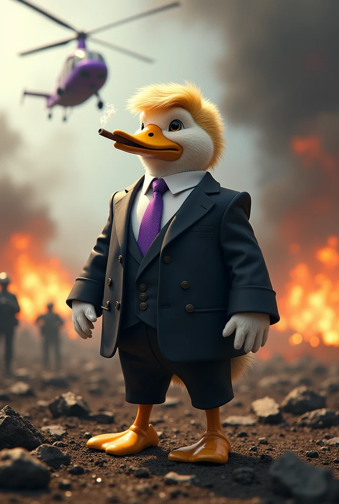 Mafia soft fur skin duck with hairstyle of donald trump wearing suit and pant smoking cigar standing on the ground posting, battlefield background, purple helicopter shooting and fire everywhere, dead soldiers on the ground