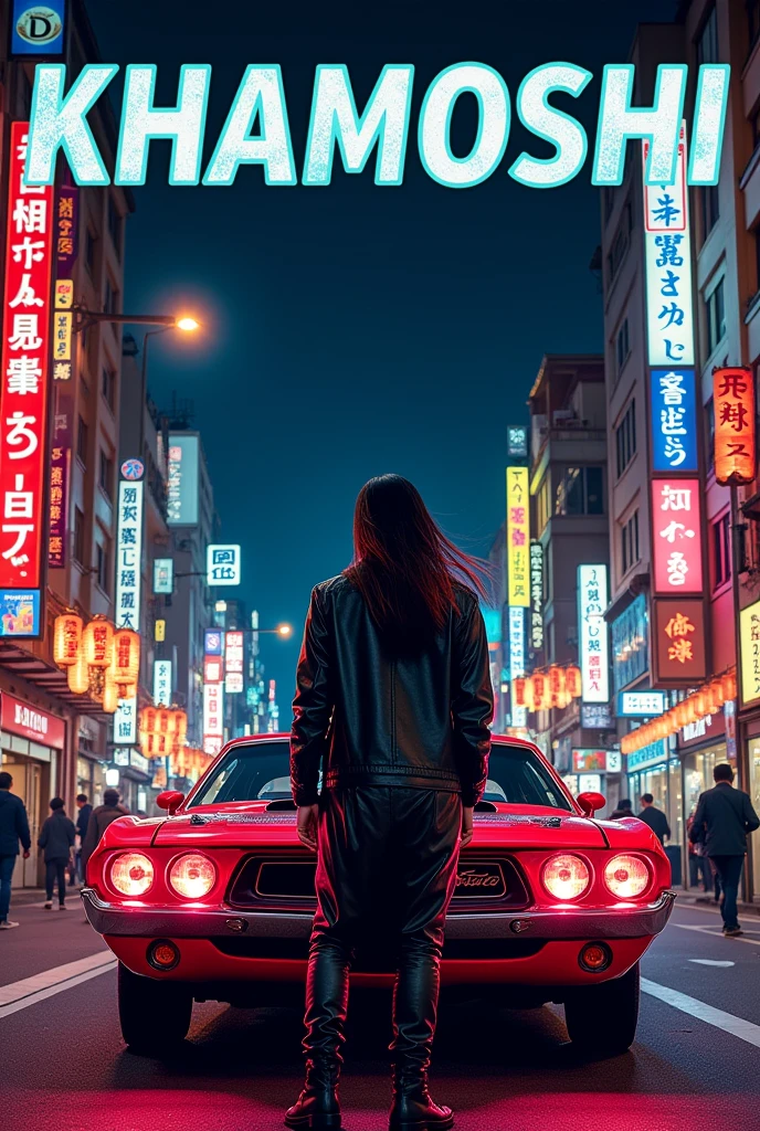 Make a music poster in retro car theme and write khamoshi word in dark heavy font in japan vibe