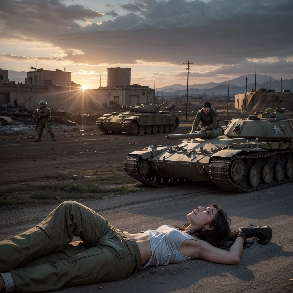 A person lying on the ground, being helped by another person on their knees, in an apocalyptic setting with tanks in the background and soldiers shooting.