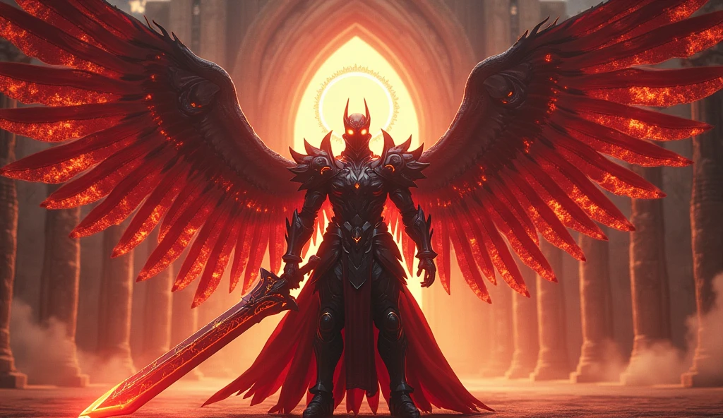 futuristic armored paladin with wings greatsword, dark red flame lightning around him with halo standing in front of temple, ray tracing, anatomically correct, retina, masterpiece, accurate, 8k, UHD, widescreen, glowing eyes