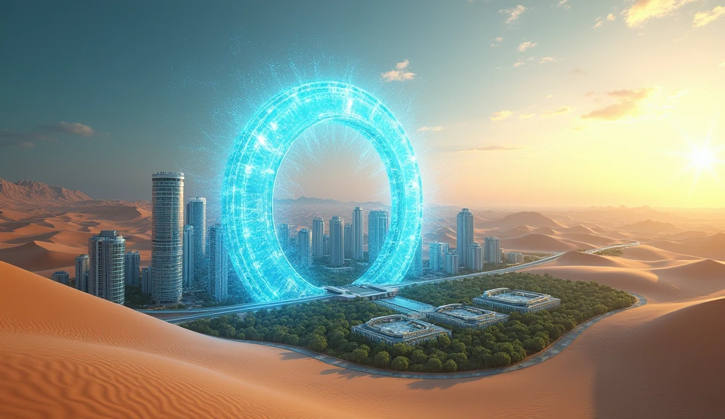 A semicircle force field, made of bright blue energy in the middle of a pale sandy desert. Trapped inside the semicircle is a modern futuristic city.