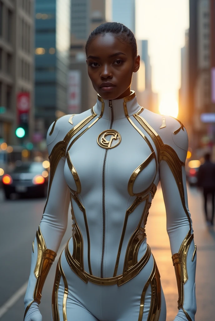 A superhero man suit, white color with gold, without cape