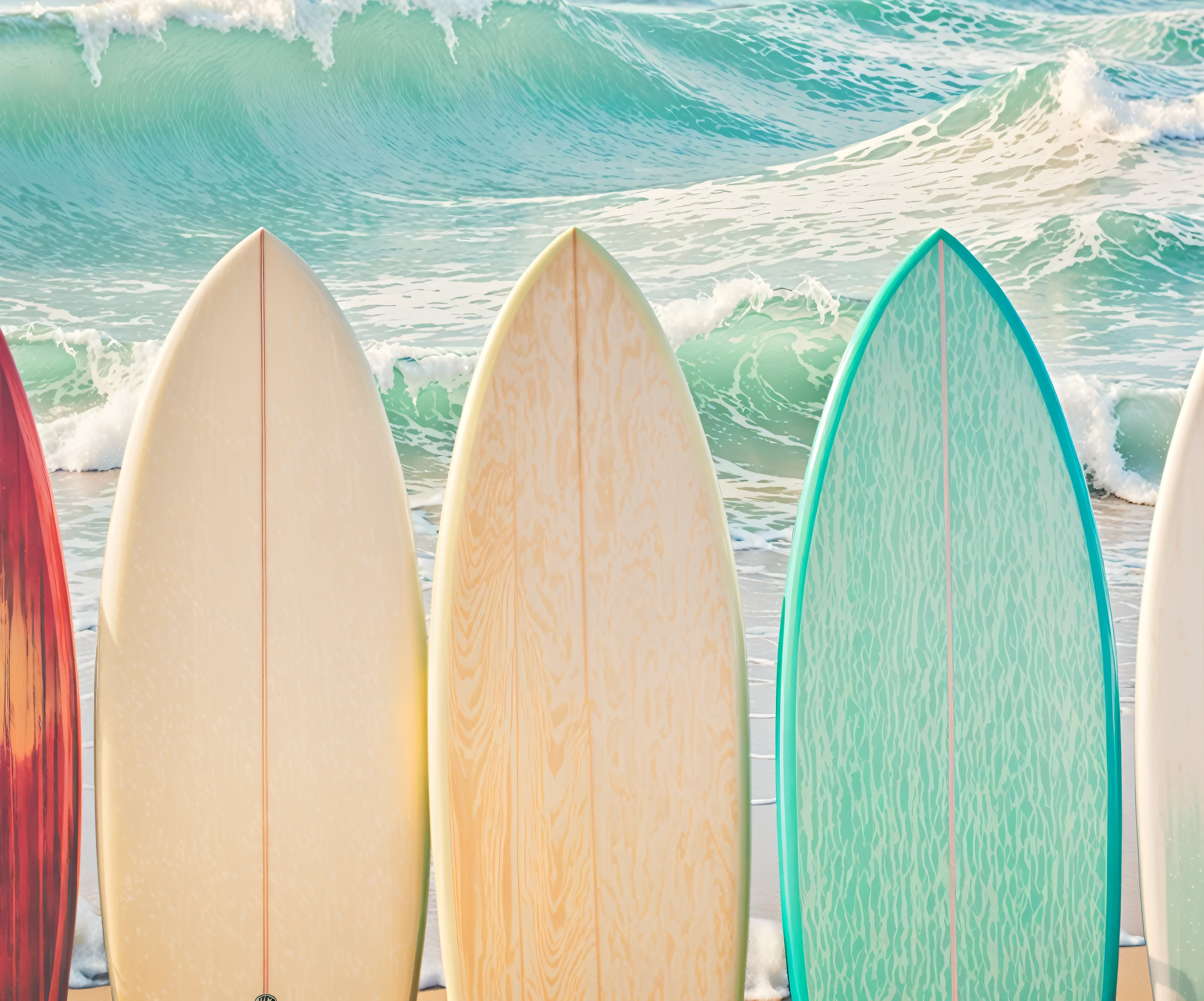 several surfboards lined up in a row on the beach, standing on surfboards, surf photography, surfing, shutterstock, best on adobe stock, crisp clean shapes, subtle detailing, surf, lined up horizontally, crisp lines, crisp smooth lines, vintage color, oceanside, high quality wallpaper, best seller, variations, artistic interpretation, set photo