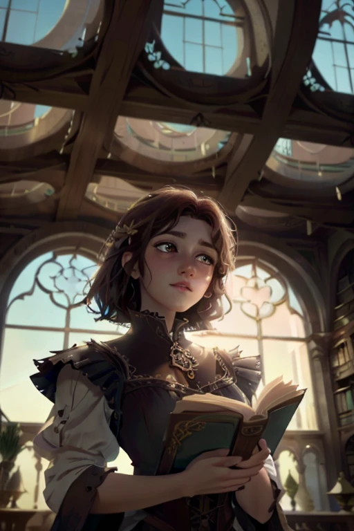 Beautiful European woman, wearing provincial medieval dress of the time; She is located in the atrium of a large library with a Gothic structure; She holds a book in her hands; clear daylighting; Her gaze has been captivated by her reading; woman with curly dark brown hair; eyes consumed by reading it; masterpiece; fine details in the woman; fine details in the woman's hands; fine details on the woman's face; cinematographic image