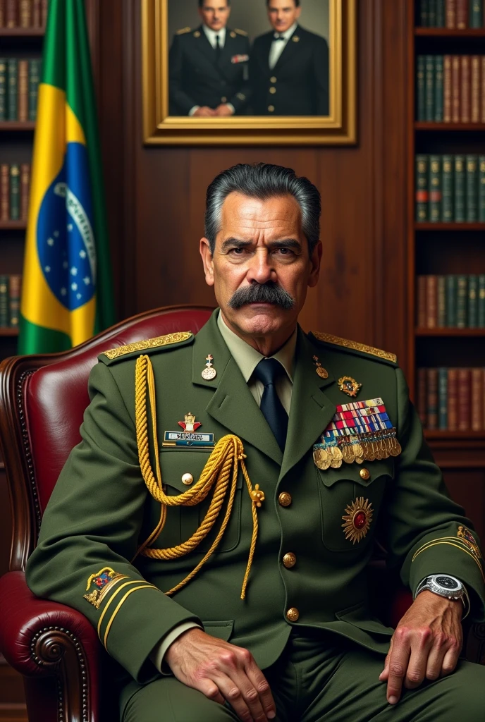 A realistic and detailed portrait of a Colonel of Roman descent in the Brazilian army, circa 40 years old., He has a muscular and robust body., with military black and gray hair on the sides, and a thin scar on his face like a mark of bravery, he has a mustache. He is wearing a high-ranking olive green uniform of the Brazilian Army officer, adorned with medals and decorations. The background features a Brazilian Army office, with books and flags of Brazil and the Integralist Blue flag, The wall also has a photo of 2 Brazilian dictators and a realistic coat of arms., which contributes to the atmosphere of authority and respect. The veteran is sitting in a comfortable armchair, Breathing wisdom and strength, and appears as a respected and esteemed leader