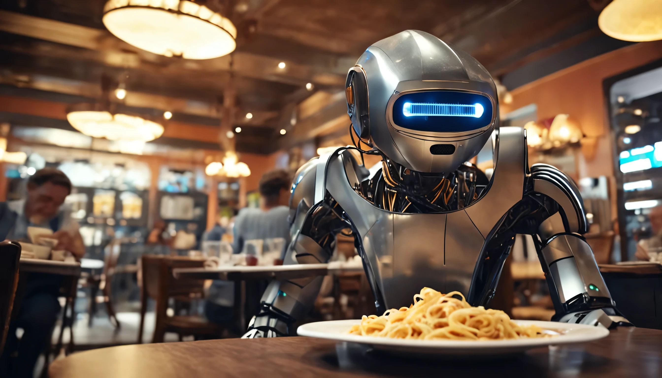 a robot serving pasta in a restaurant