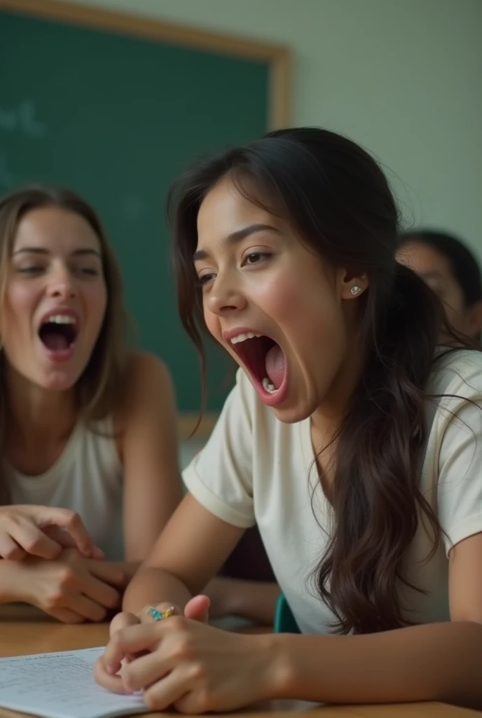 (photorealism:1.2), latina schoolgirl ms POV blowjob on a caucasian circumsized penis in a classroom while observed by her female peers. The other girls have sleepy gazes and slack-jawed expressions suggesting they have been placed into deep hypnotic trance.