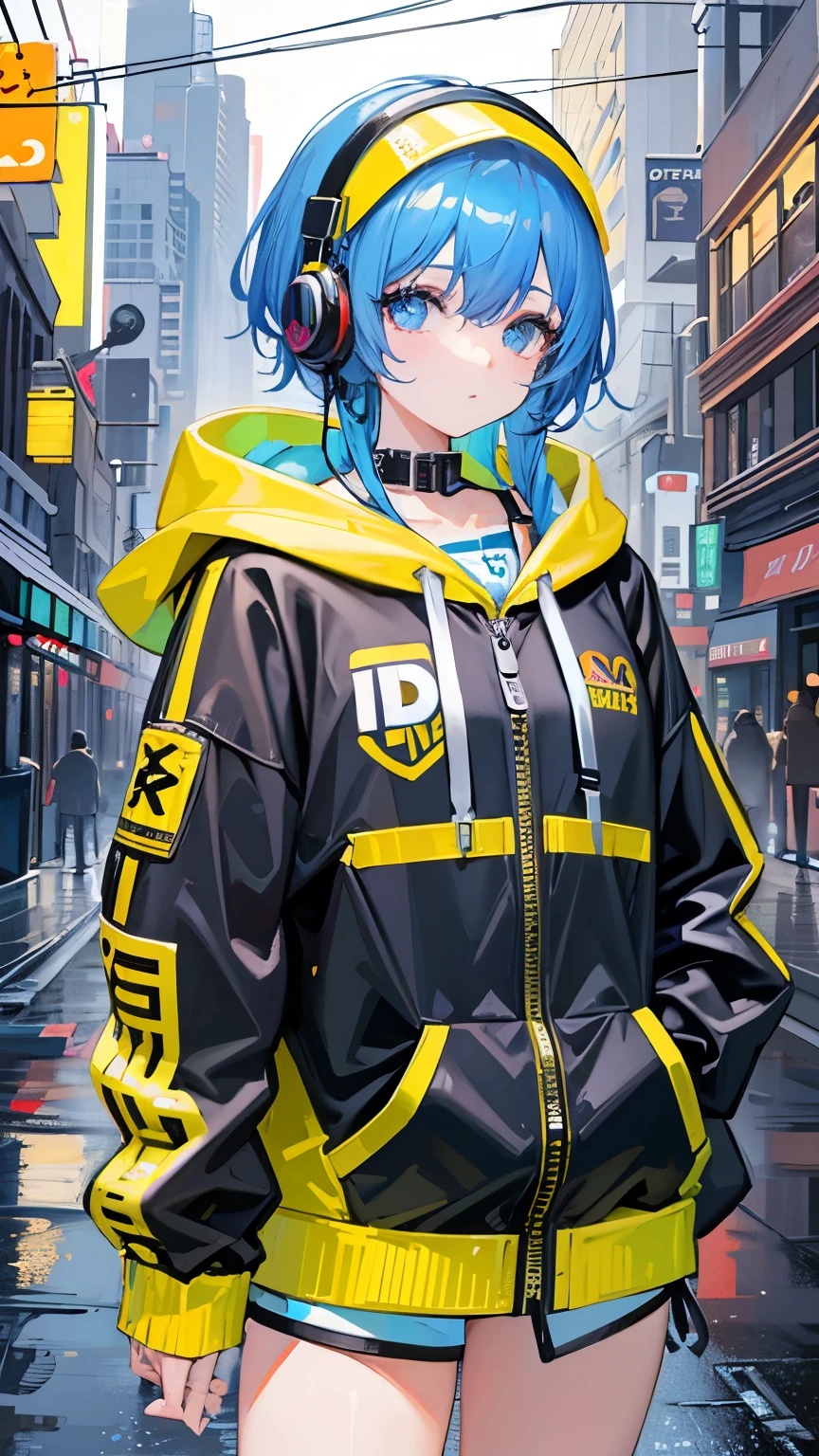 8k resolution、((Highest quality))、((masterpiece))、((Very detailed))、1 female、alone、Unbelievably absurd、Oversized hoodie、Headphones、street、Yellow background、rain、Fluorescent neon、Shortcuts、Light-colored eyes、Place one'In one hand'pocket、Shorts、Water droplets fall、Abnormal eye color, Vivid eyes
