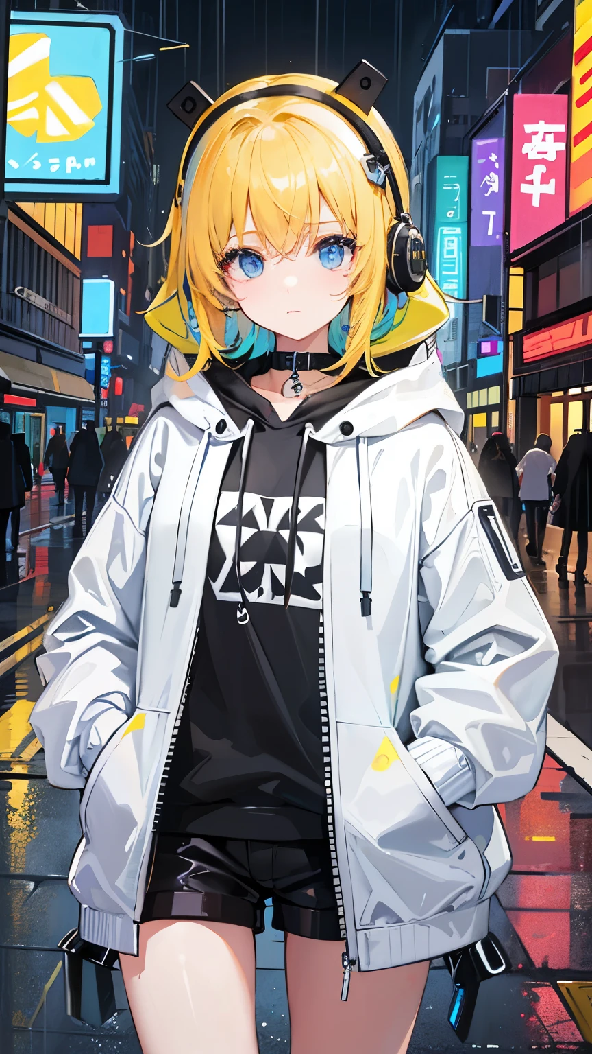 8k resolution、((Highest quality))、((masterpiece))、((Very detailed))、1 female、alone、Unbelievably absurd、Oversized hoodie、Headphones、street、Yellow background、rain、Fluorescent neon、Shortcuts、Light-colored eyes、Place one'In one hand'pocket、Shorts、Water droplets fall、Abnormal eye color, Vivid eyes