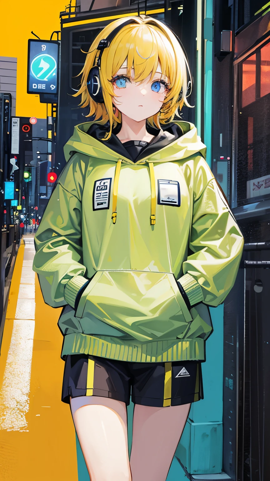 8k resolution、((Highest quality))、((masterpiece))、((Very detailed))、1 female、alone、Unbelievably absurd、Oversized hoodie、Headphones、street、Yellow background、rain、Fluorescent neon、Shortcuts、Light-colored eyes、Place one'In one hand'pocket、Shorts、Water droplets fall、Abnormal eye color, Vivid eyes