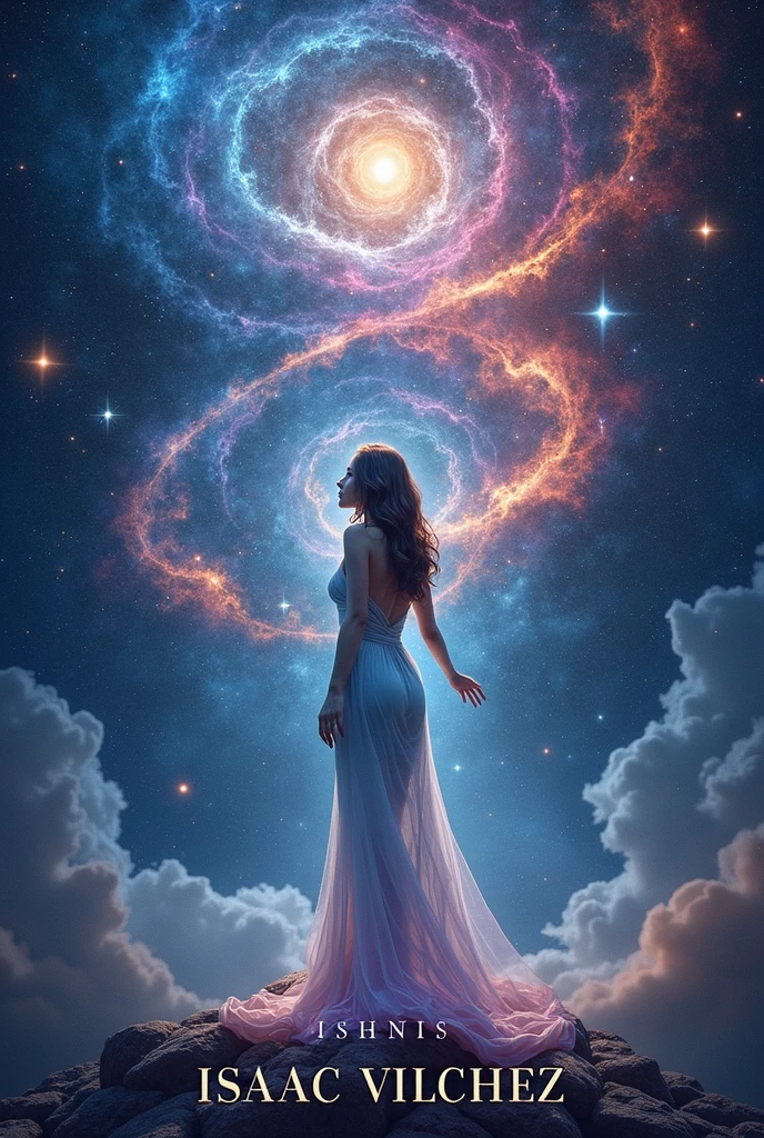 Create an image of a book cover called Eternal Interlacements, where the image expresses love, quantum physics, The universe, life, the infinity of probable events, intelligence and science., add that the writer's name is: Isaac Vilchez.chest bigger. massive breasts. exajurated breastes