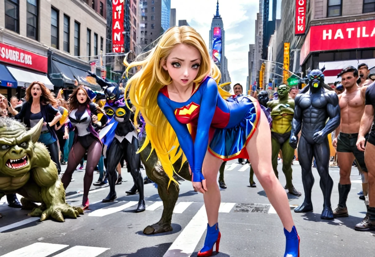 A cute woman (super heroine outfit, crazy matching hair, powers on display) heroic pose, street of new york, facing down a mob of mutant monsters