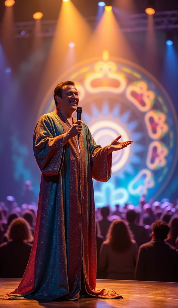 create a realistic communicator wizard looking like Silvio Santos with the microphone in hand on a stage, to convey depth and effects of light from a spiritual portal