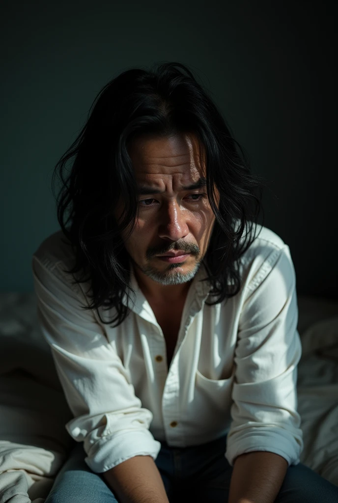 A sad man with pale skin is crying. He is sitting on the bed wearing a white shirt. He has long black hair and black eyes. He has a bit of a beard. He is middle-aged and has an innocent appearance. He is crying and has bags under his eyes