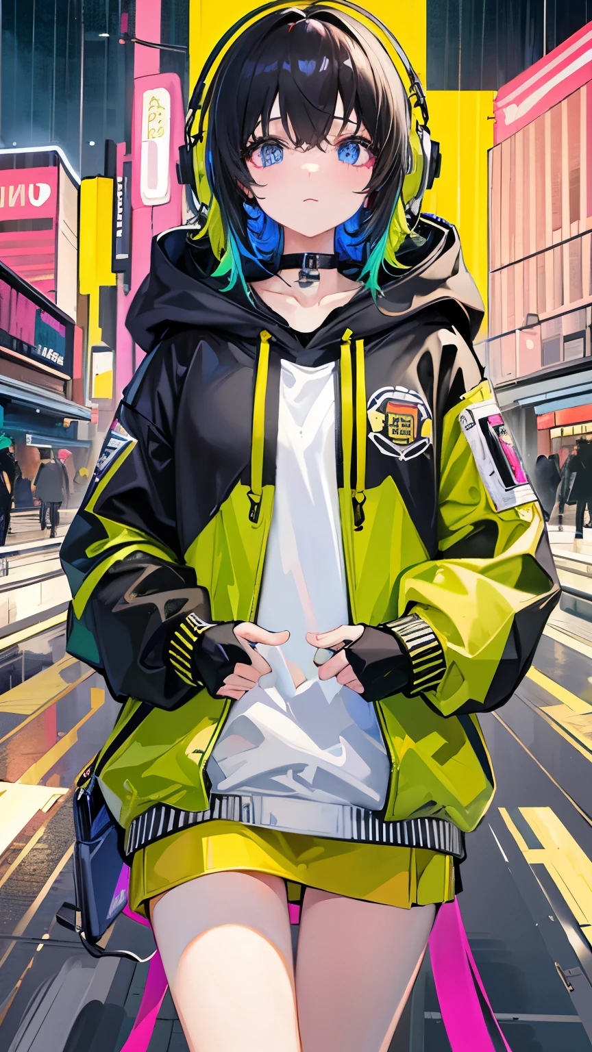 8k resolution、((Highest quality))、((masterpiece))、((Very detailed))、1 female、alone、Unbelievably absurd、Oversized hoodie、Headphones、street、Yellow background、rain、Fluorescent neon、Shortcuts、Light-colored eyes、Place one'In one hand'pocket、Shorts、Water droplets fall、Abnormal eye color, Vivid eyes