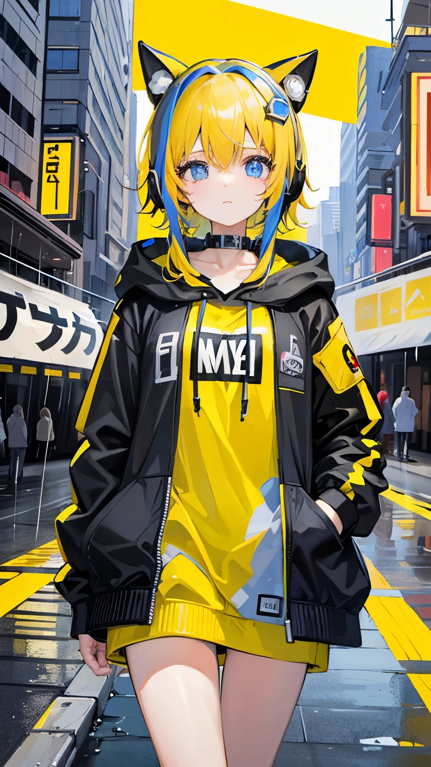 8k resolution、((Highest quality))、((masterpiece))、((Very detailed))、1 female、alone、Unbelievably absurd、Oversized hoodie、Headphones、street、Yellow background、rain、Fluorescent neon、Shortcuts、Light-colored eyes、Place one'In one hand'pocket、Shorts、Water droplets fall、Abnormal eye color, Vivid eyes