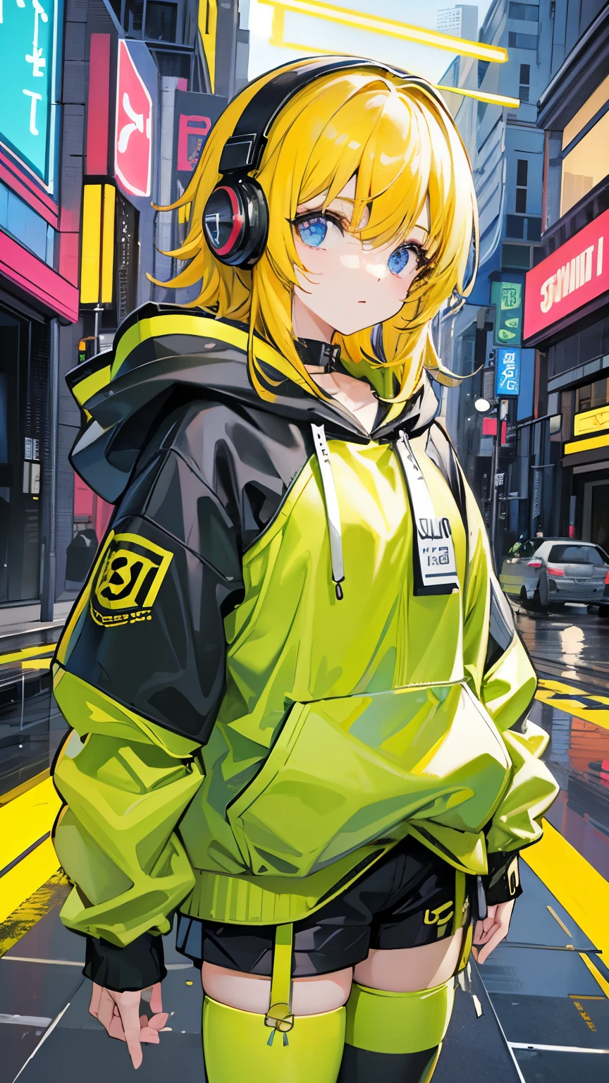 8k resolution、((Highest quality))、((masterpiece))、((Very detailed))、1 female、alone、Unbelievably absurd、Oversized hoodie、Headphones、street、Yellow background、rain、Fluorescent neon、Shortcuts、Light-colored eyes、Place one'In one hand'pocket、Shorts、Water droplets fall、Abnormal eye color, Vivid eyes