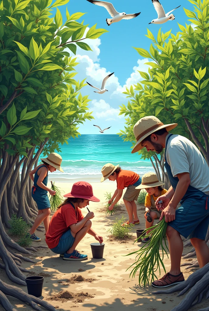 people building and planting a mangrove nursery