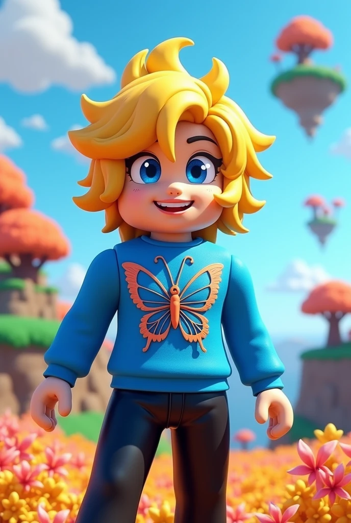 A Roblox user,blue butterfly shirt,blond hair,blue eyes, black pants, big hair