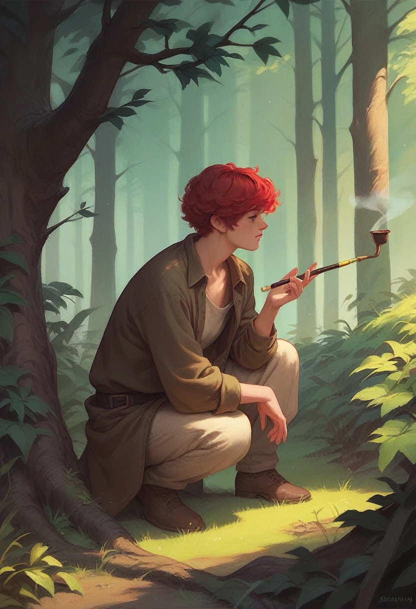 Caipora Brazilian folklore, at the forest, Red hair, pipe