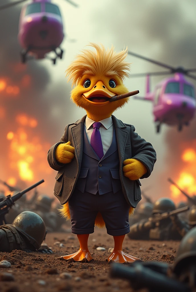 Mafia soft fur skin duck with hairstyle of donald trump wearing suit and pant smoking cigar standing on the ground posting, battlefield background, purple helicopter shooting and fire everywhere, dead soldiers on the ground