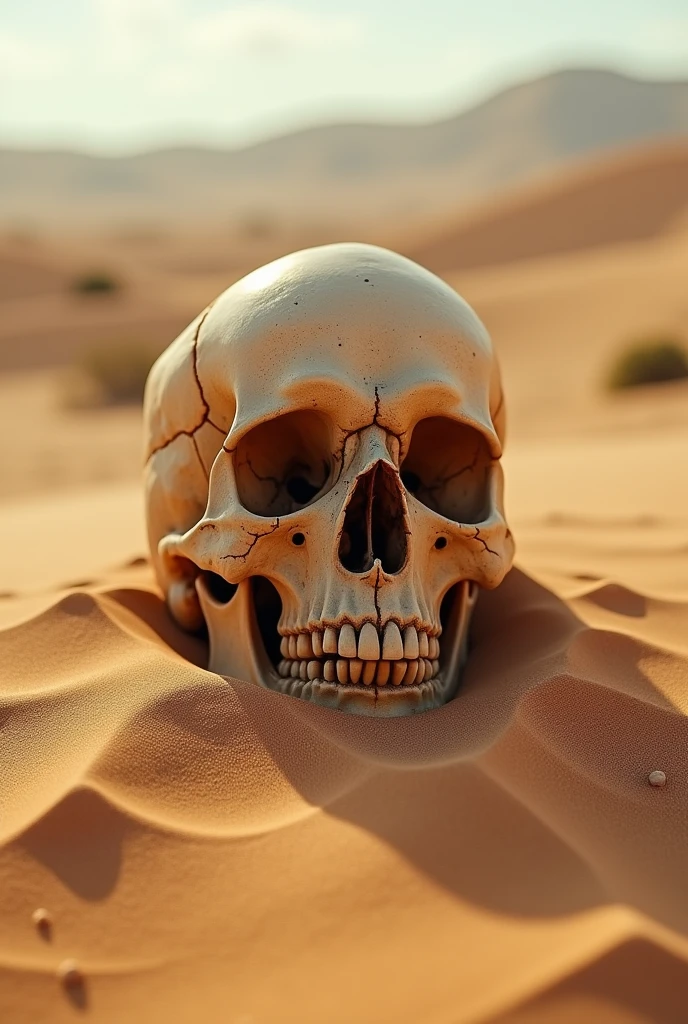 A hyper-realistic close-up of a human skull partially submerged in sand, with fine grains of sand caught in the cracks of the bone, set against a blurred desert background