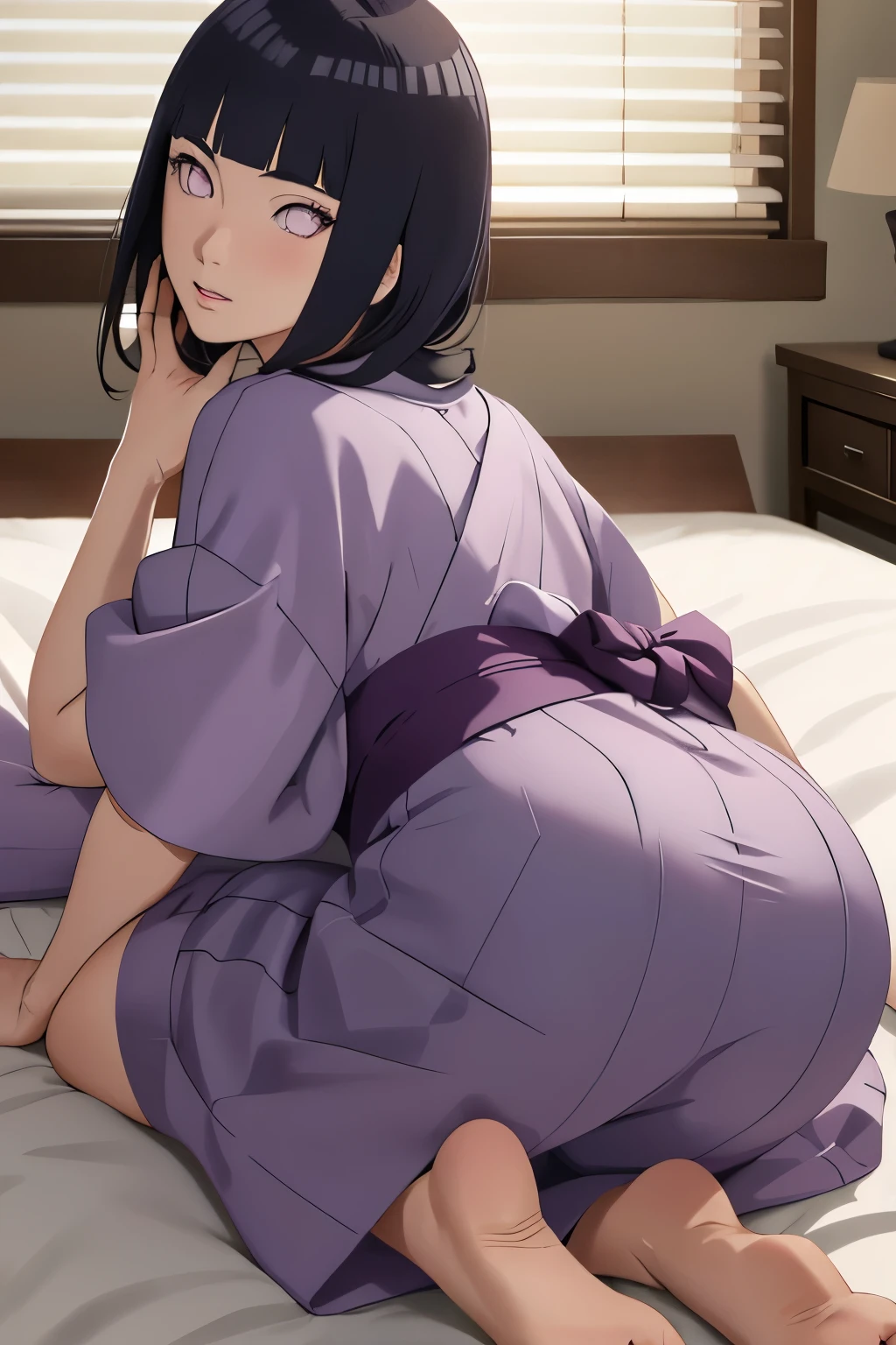 masterpiece, hinata\(boruto\), 1girl, solo, mature female, laying down on bed, goddess of beauty, face down ass up, focus on ass, image from behind, thicc ass, yukata, looking at viewer, perfect composition, detailed lips, beautiful face, body propotion, blush, long hair, purple eyes, soft gaze, super realistic, detailed, photoshoot, realistic face and body, perfect hips