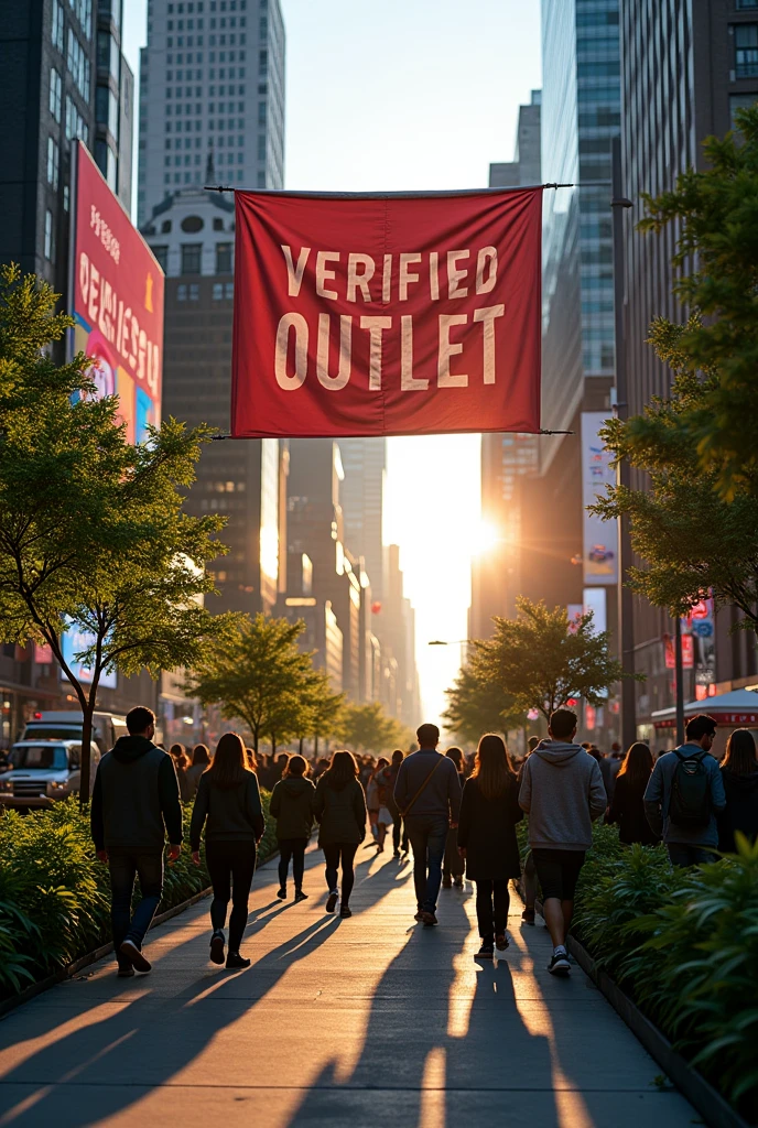 A HUGE BANNER SAYING "VERIFIED OUTLET " WITH PEOPLE WALKING AROUND AND CITY BUILDINGS WITH LIGHTS AND WEED PLANTS EVERYWHERE