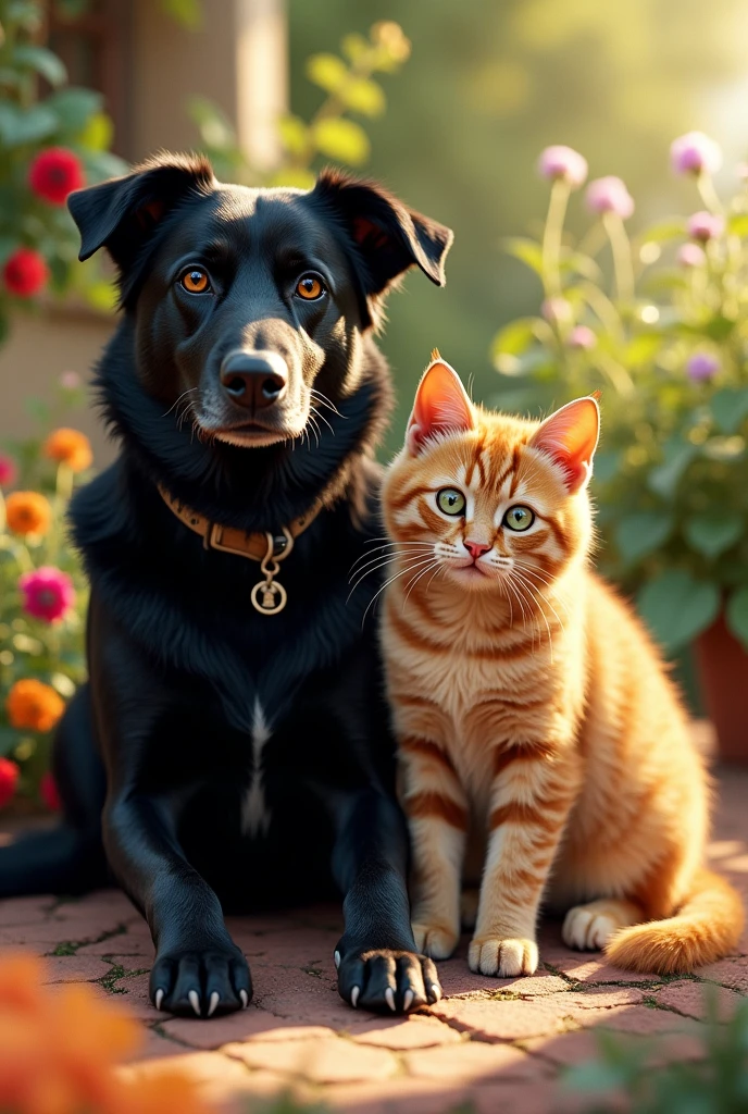 (photorealism:1.2), cat and dog, big black dog with amber eyes, golden cat with green eyes