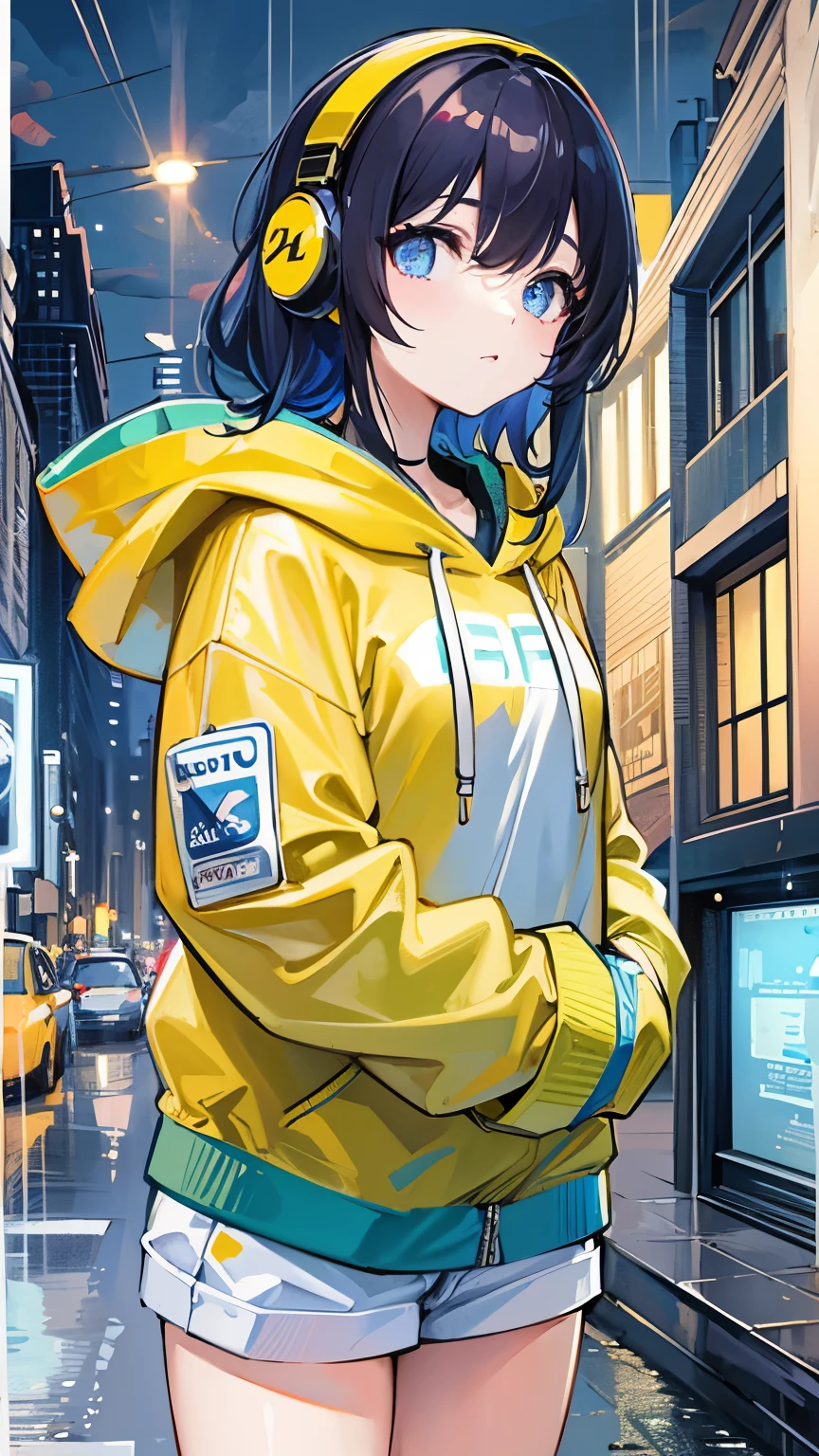 8k resolution、((Highest quality))、((masterpiece))、((Very detailed))、1 female、alone、Unbelievably absurd、Oversized hoodie、Headphones、street、Yellow background、rain、Fluorescent neon、Shortcuts、Light-colored eyes、Place one'In one hand'pocket、Shorts、Water droplets fall、Abnormal eye color, Vivid eyes
