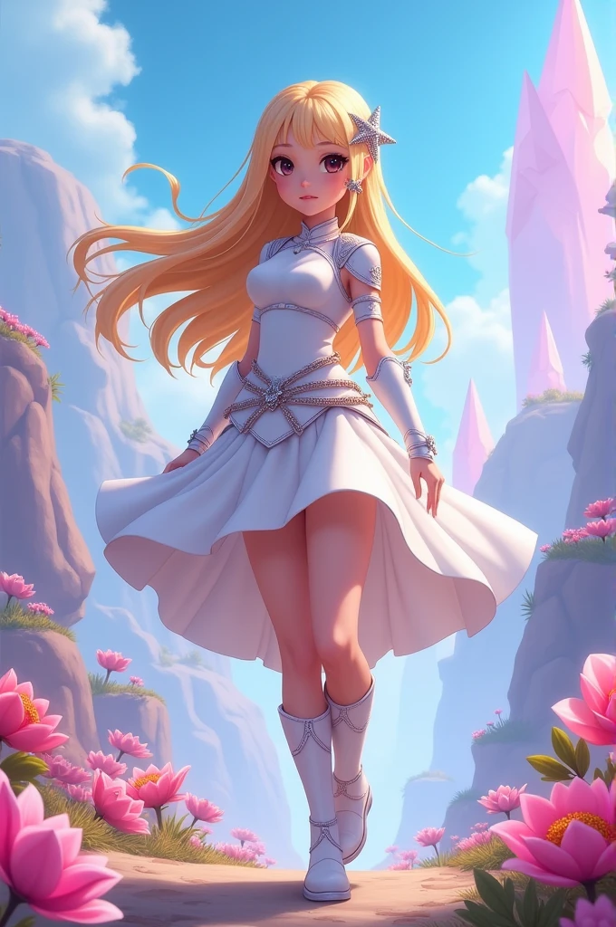 Video game girl character,blonde hair,star hair clip,black eyes,white skirt,white armor shirt,white boots,