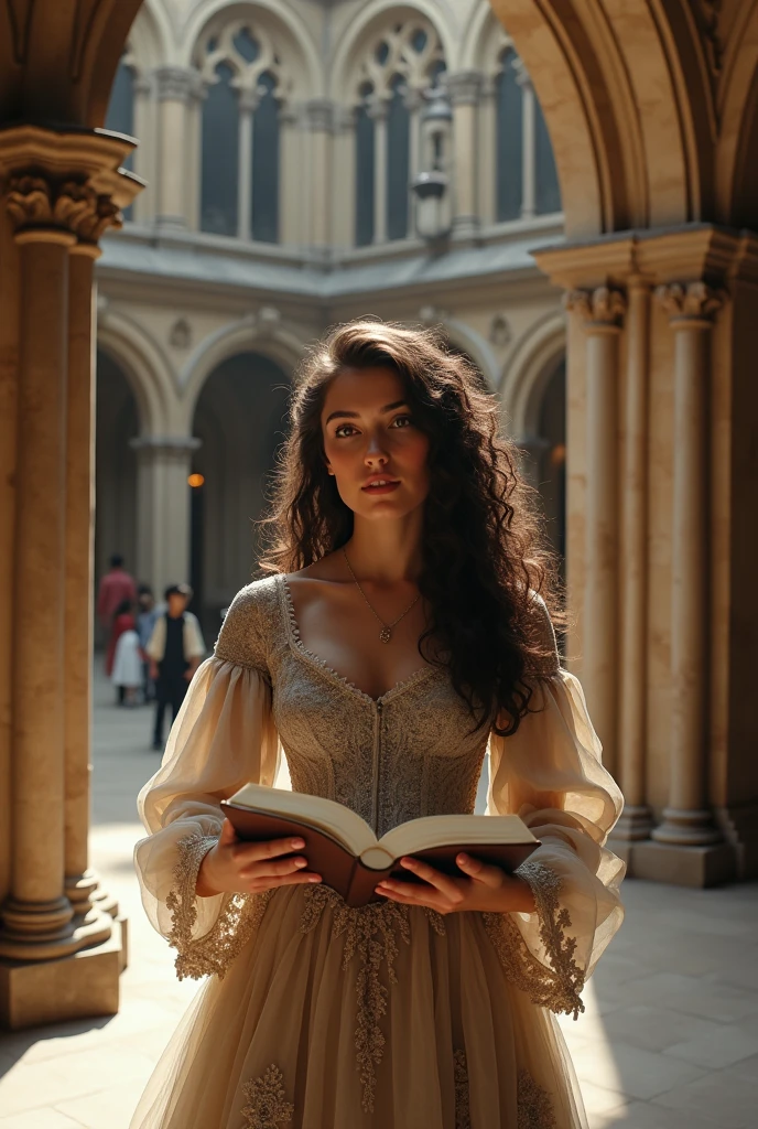 Beautiful European woman, wearing provincial medieval dress of the time; She is located in the atrium of a large library with a Gothic structure; She holds a book in her hands; clear daylighting; Her gaze has been captivated by her reading; woman with curly dark brown hair; eyes consumed by reading it; masterpiece; fine details in the woman; fine details in the woman's hands; fine details on the woman's face; cinematographic image