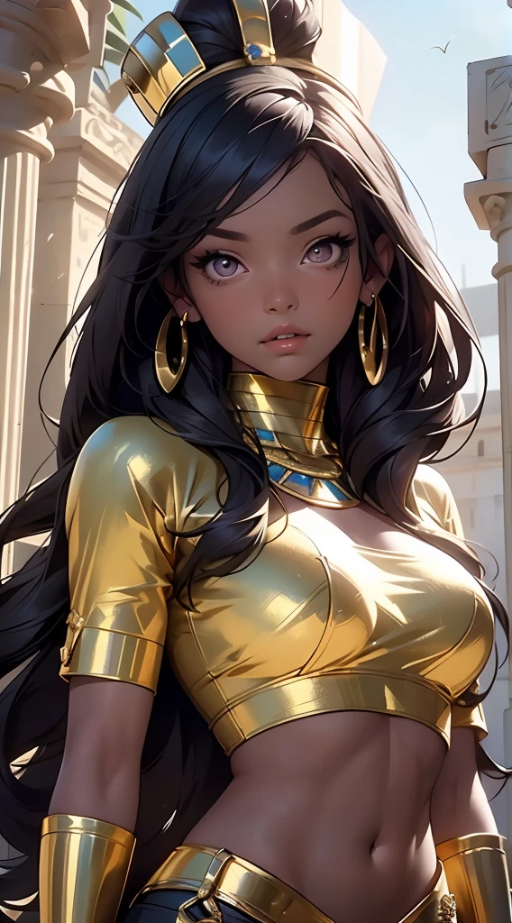 (masterpiece:1.2, best quality), (finely detailed beautiful eyes: 1.2), (finely detailed eyes and detailed face:1.3), (scenery :1.2), (extremely detailed CG, ultra-detailed, best shadow:1.1), ((depth of field)), beautiful concept illustration, (illustration:1.1), (extremely fine and beautiful:1.1), (perfect details:1.1), 1girl, sharp focus, black hair, red eyes, egyptian, wide hips, mature female, medium breasts, curvy, gold egyptian jewelry, royal gold, dark skin,
