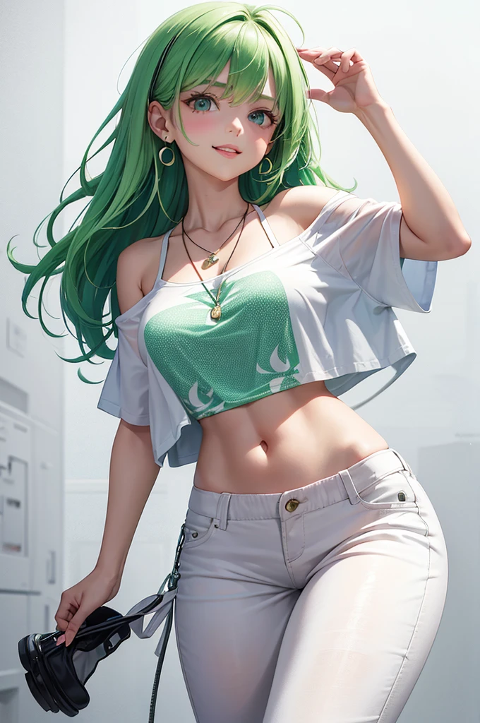 (Masterpiece, realistic, high resolution), (1 girl): 1.2), Korean, ((green wavy hair): 1.3), (heterochromic eyes: 1.1, thick eyebrows, small moles under the eyes), tie, (white shirt, red sweat shorts), ((medium breasts): 1.2, thighs), outdoors, blue sky and white clouds