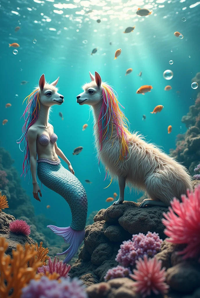 Llama with fish and mermaid