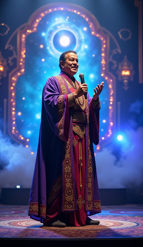 create a realistic communicator wizard looking like Silvio Santos with the microphone in hand on a stage, to convey depth and effects of light from a spiritual portal