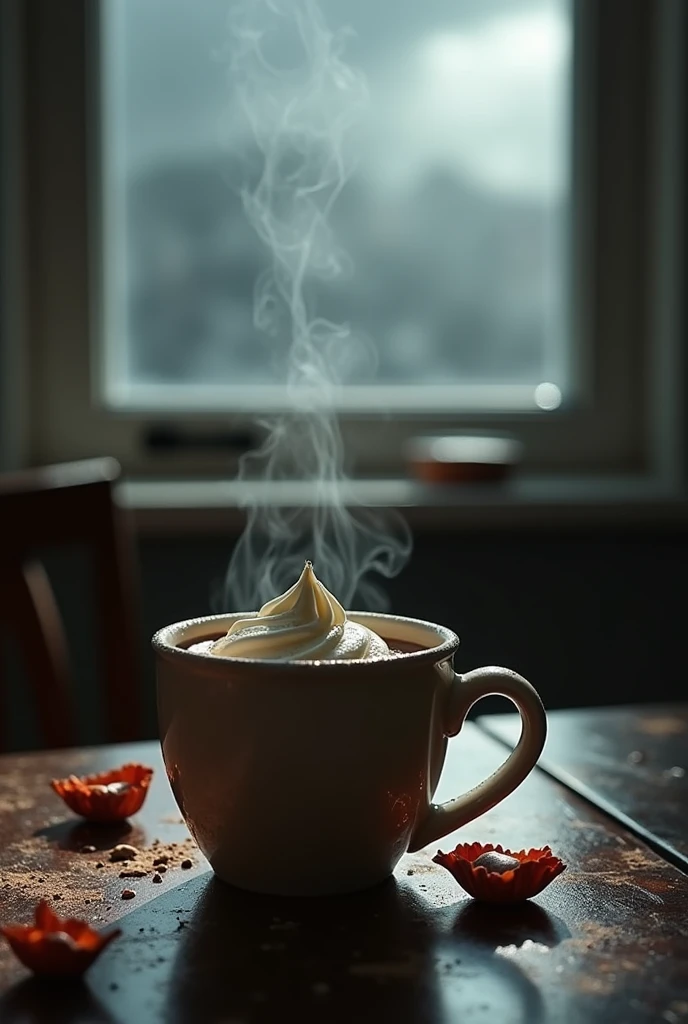 Hot Chocolate Comfort**: A mug of hot chocolate that appears thin and watery, topped with a meager dollop of melting whipped cream. The mug is surrounded by a clutter of crumpled wrappers, and the window shows a bleak, grey sky.